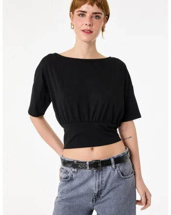 Tricou crop cu maneci cazute si talie elastica, Negru