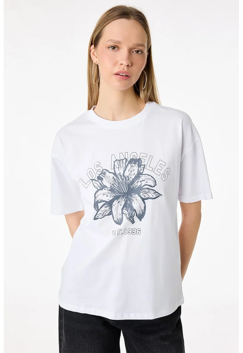 Tricou cu decolteu la baza gatului si imprimeu floral, Alb murdar