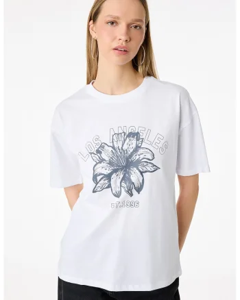 Tricou cu decolteu la baza gatului si imprimeu floral, Alb murdar