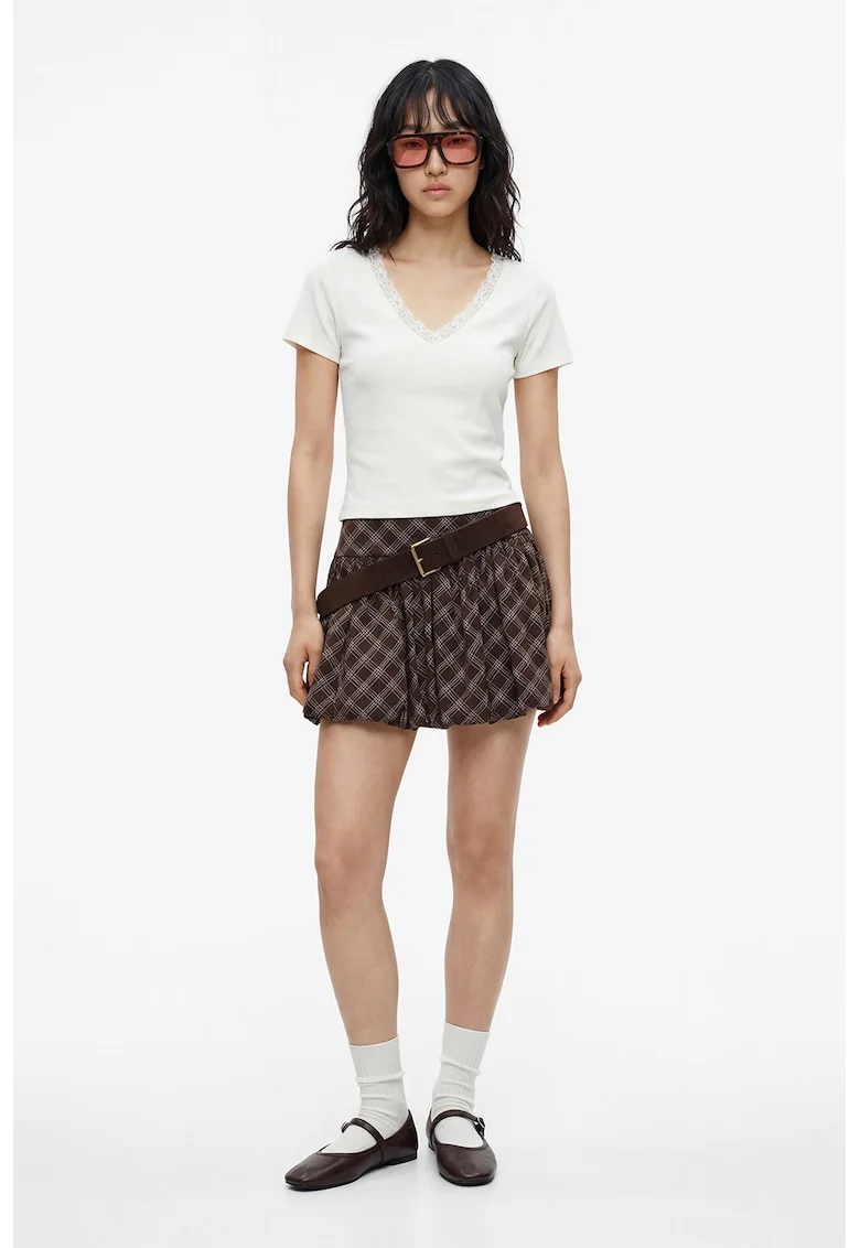 Tricou slim fit din amestec de modal cu insertii din dantela, Alb murdar