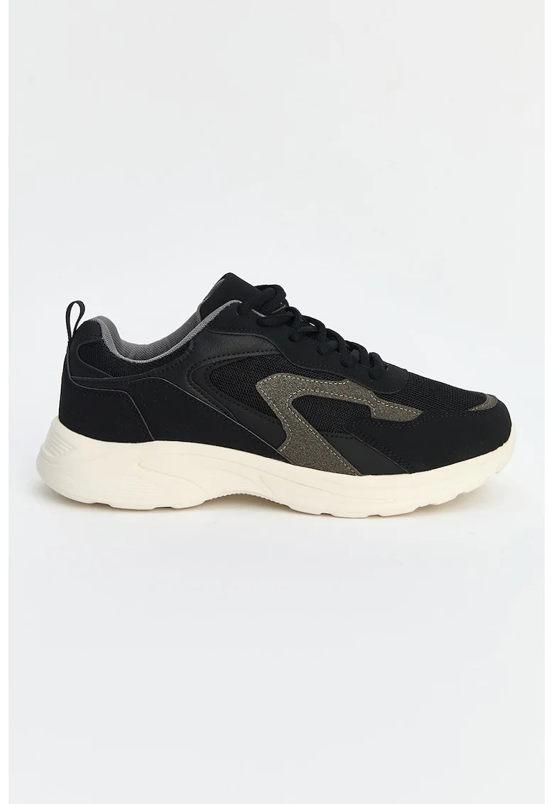 Pantofi sport de piele sintetica cu insertii de plasa, Gri/Negru stins