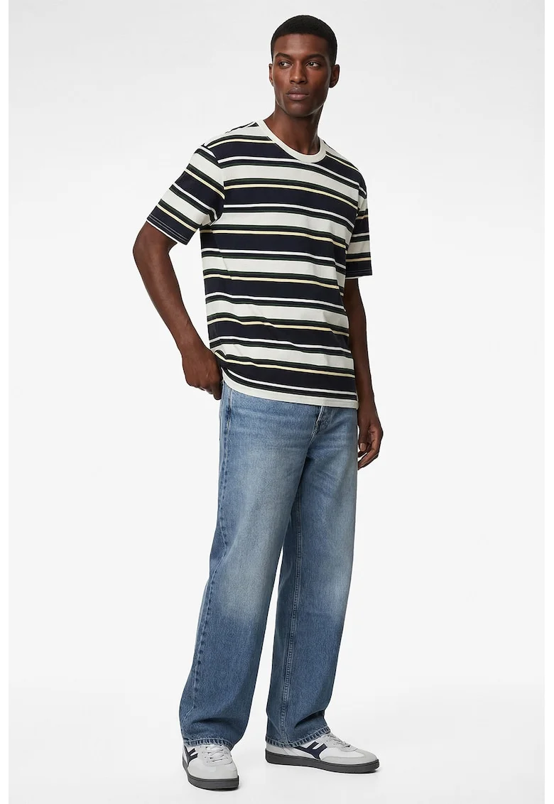 Tricou relaxed fit cu model in dungi, Negru/Alb murdar