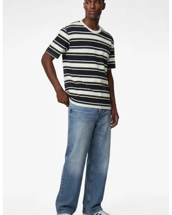 Tricou relaxed fit cu model in dungi, Negru/Alb murdar