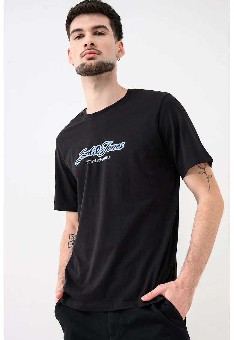 Tricou de bumbac organic cu decolteu la baza gatului Jorcatskills, Negru/Albastru