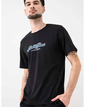 Tricou de bumbac organic cu decolteu la baza gatului Jorcatskills, Negru/Albastru