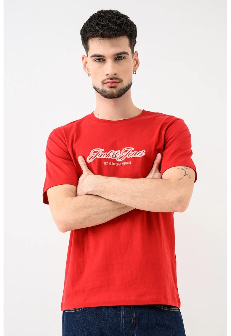 Tricou de bumbac organic cu decolteu la baza gatului Jorcatskills, Rosu