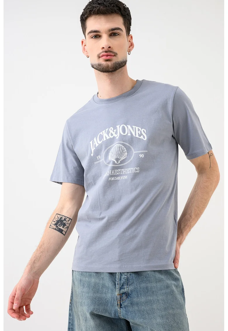 Tricou de bumbac organic cu imprimeu logo Jornantucket, Alb/Albastru stins