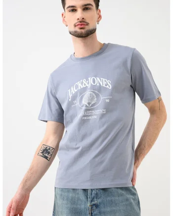 Tricou de bumbac organic cu imprimeu logo Jornantucket, Alb/Albastru stins
