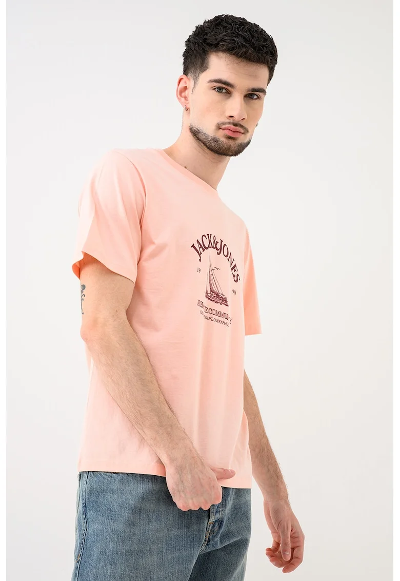 Tricou de bumbac organic cu imprimeu logo Jornantucket, Visiniu/Roz piersica
