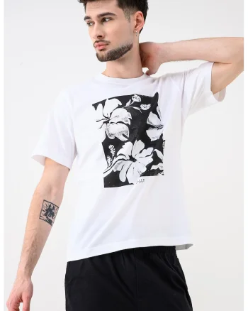 Tricou de bumbac organic cu imprimeu floral Lucas, Alb/Negru