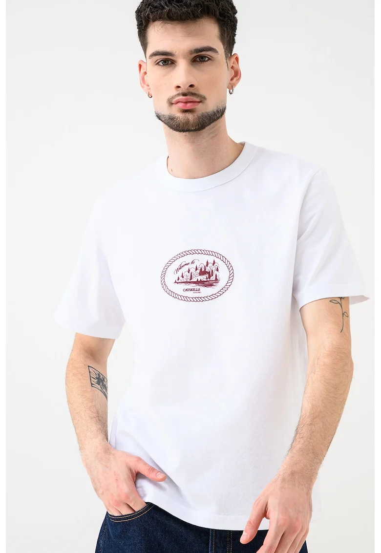 Tricou cu decolteu la baza gatului si imprimeu Nan, Alb/Visiniu