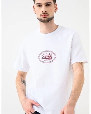 Tricou cu decolteu la baza gatului si imprimeu Nan, Alb/Visiniu