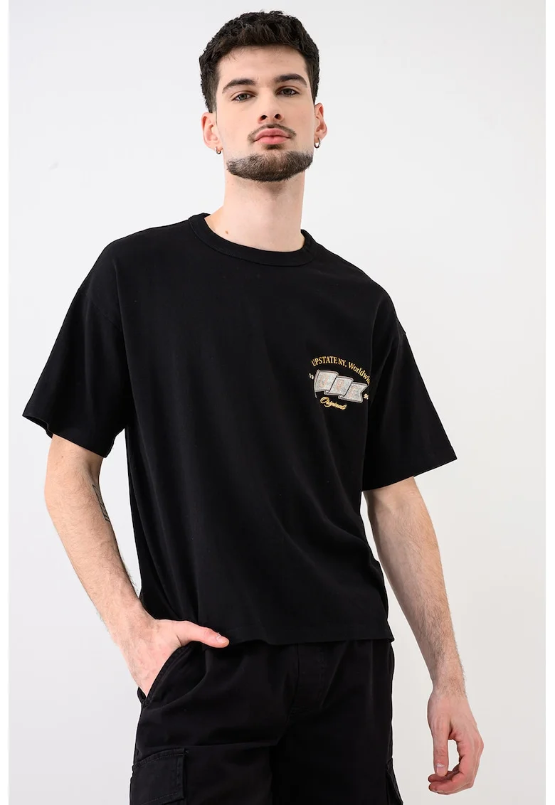 Tricou cu imprimeu pe piept Jorupstate, Negru/Maro camel