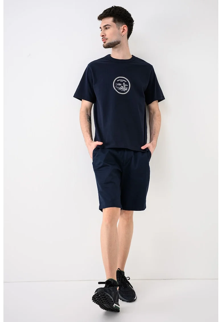 Tricou cu decolteu la baza gatului si imprimeu Nan, Alb/Bleumarin