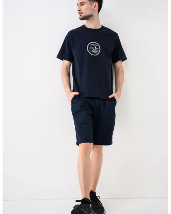 Tricou cu decolteu la baza gatului si imprimeu Nan, Alb/Bleumarin