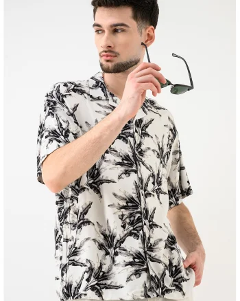Camasa cu model floral Jeff, Alb fildes/Negru
