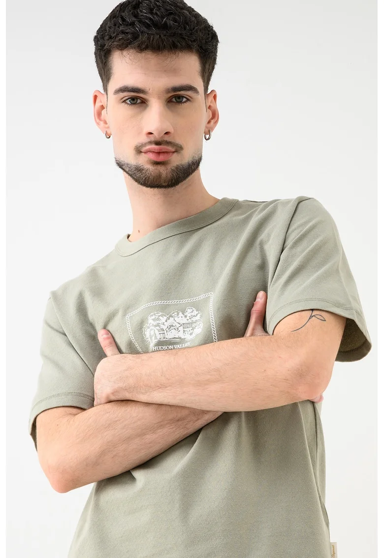 Tricou cu decolteu la baza gatului si imprimeu Nan, Alb/Verde sparanghel