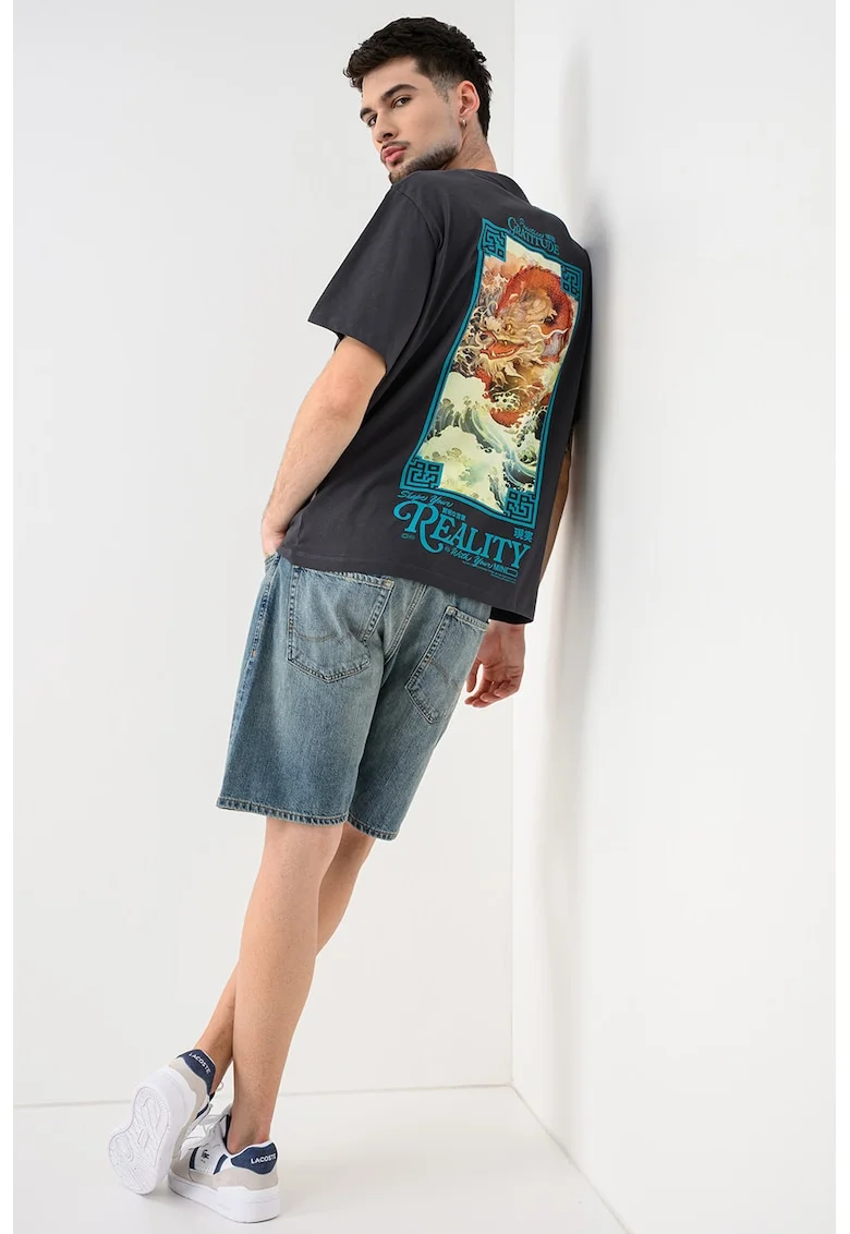Tricou cu decolteu la baza gatului si imprimeu pe partea din spate, Galben antichizat/Gri inchis