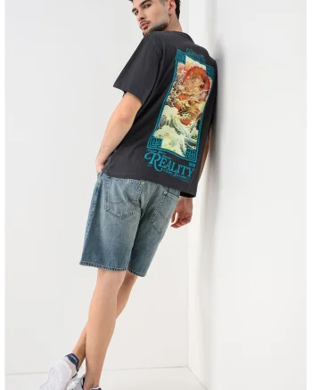 Tricou cu decolteu la baza gatului si imprimeu pe partea din spate, Galben antichizat/Gri inchis
