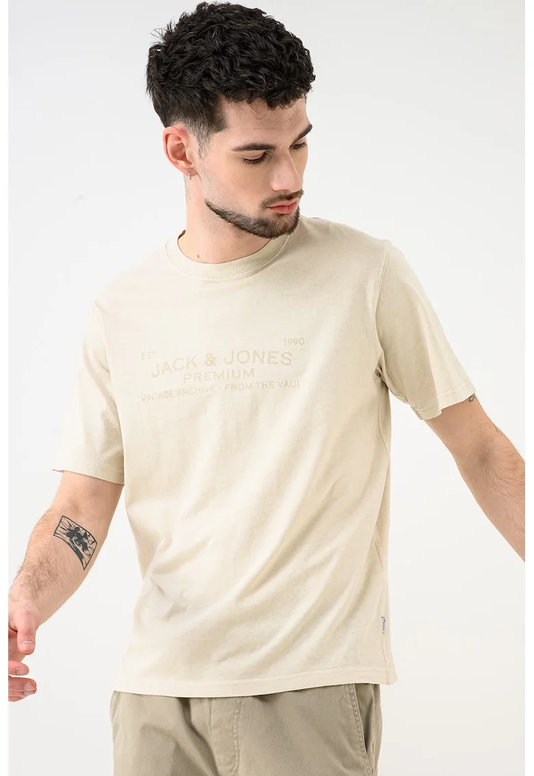 Tricou de bumbac organic cu logo Jpbluaiden, Bej inchis