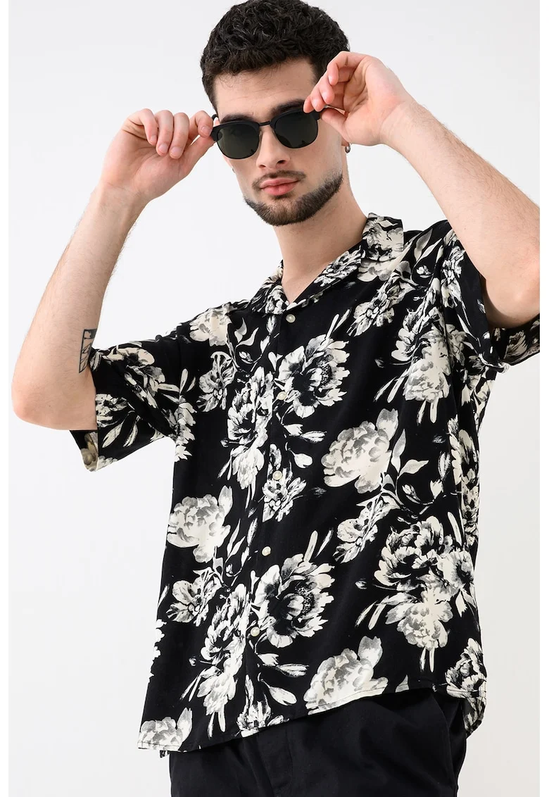 Camasa cu model floral Jeff, Alb/Negru