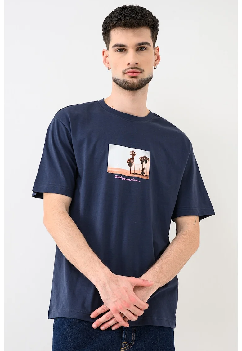 Tricou de bumbac organic cu imprimeu foto Axel, Albastru oceanic/Portocaliu pepene