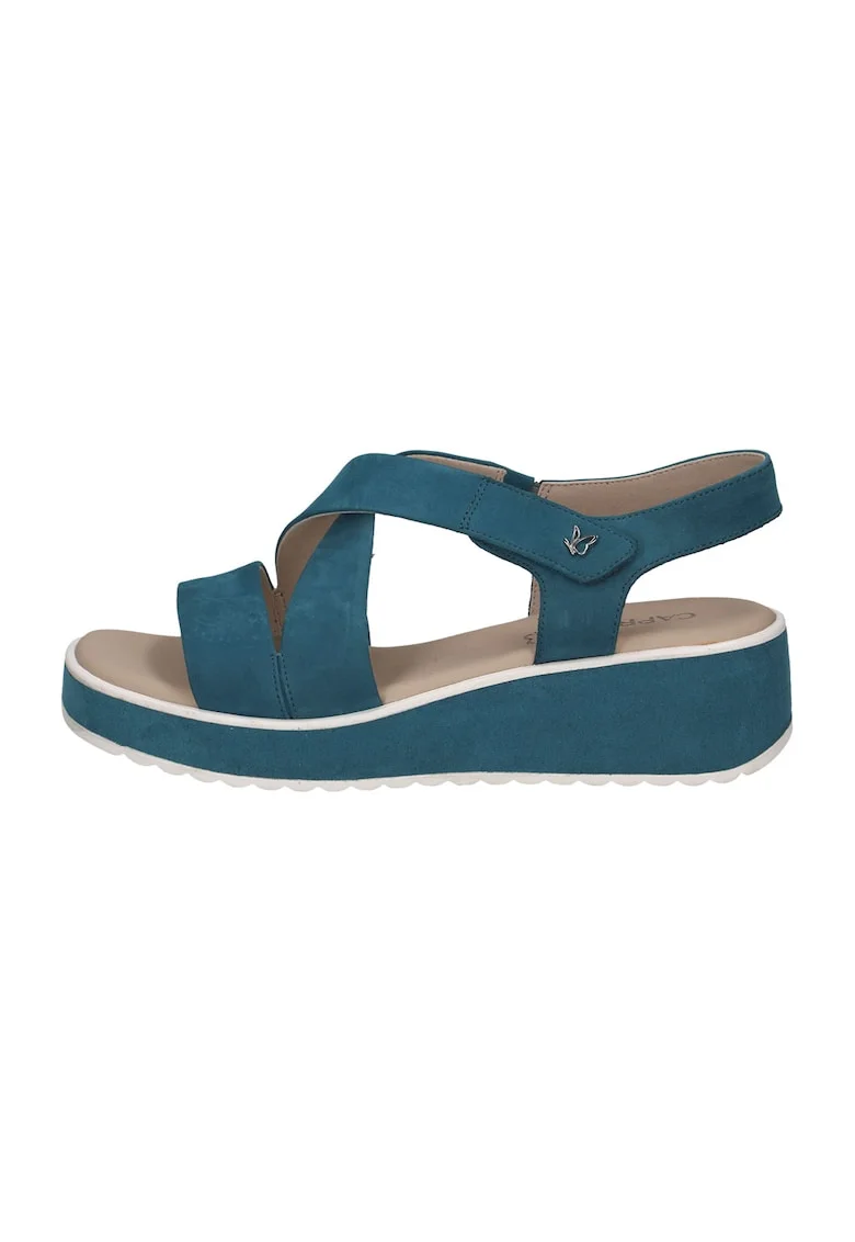 Sandale wedge de piele cu velcro, Albastru petrol