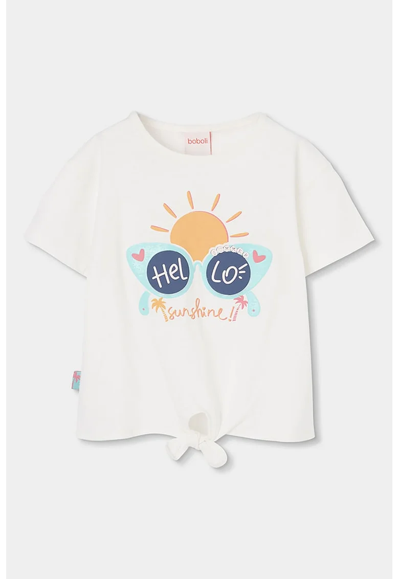 Tricou cu imprimeu si detaliu cu nod frontal, Alb fildes/Portocaliu/Albastru