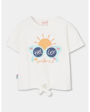 Tricou cu imprimeu si detaliu cu nod frontal, Alb fildes/Portocaliu/Albastru