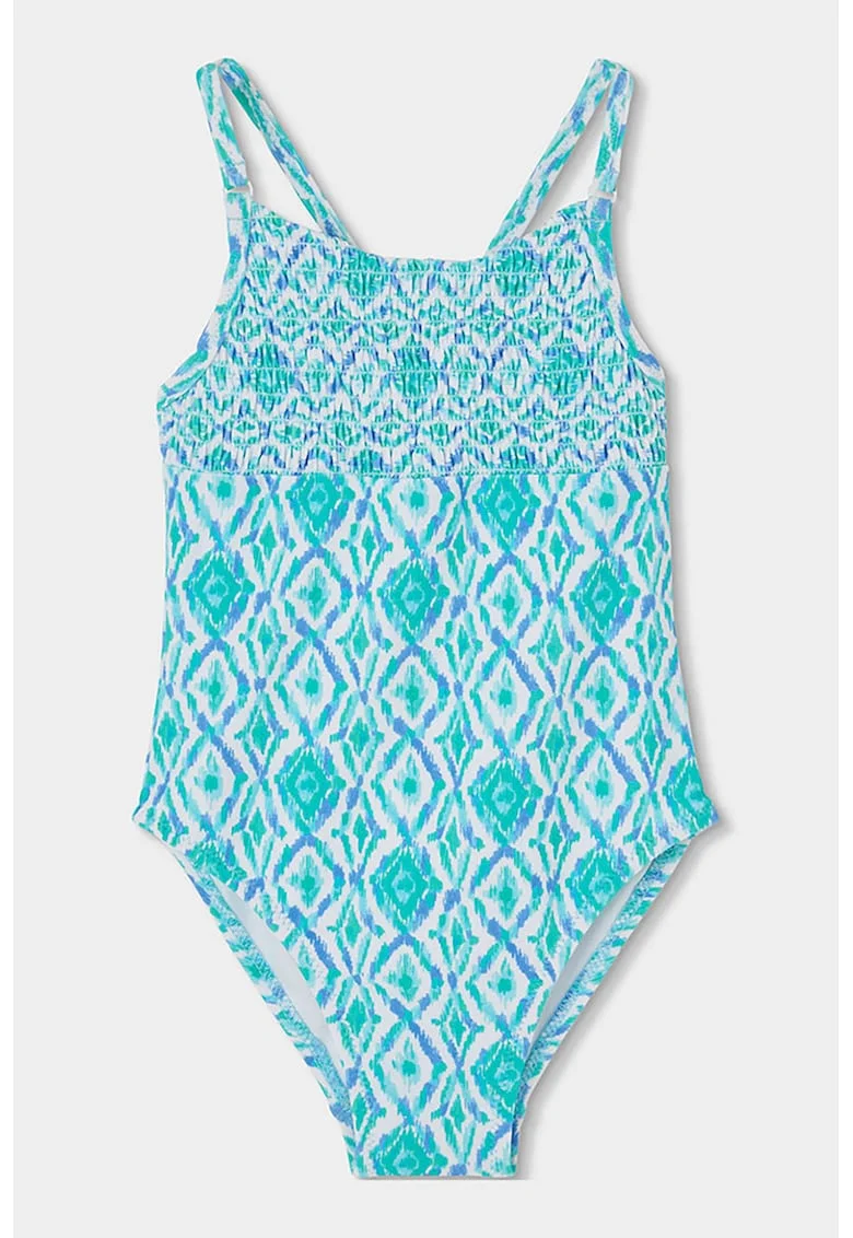 Costum de baie intreg cu imprimeu si insertie elastica, Alb/Albastru