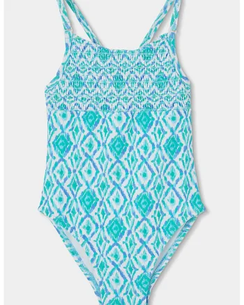 Costum de baie intreg cu imprimeu si insertie elastica, Alb/Albastru
