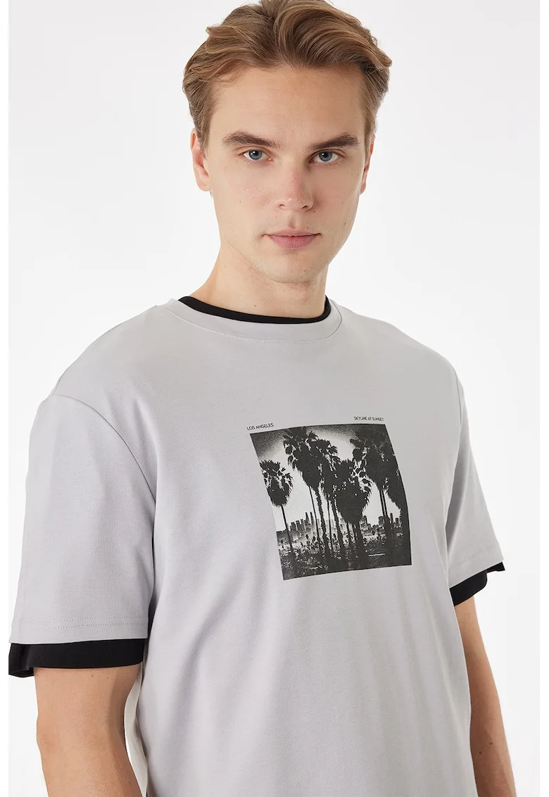 Tricou regular fit cu imprimeu foto, Gri/Gri antracit