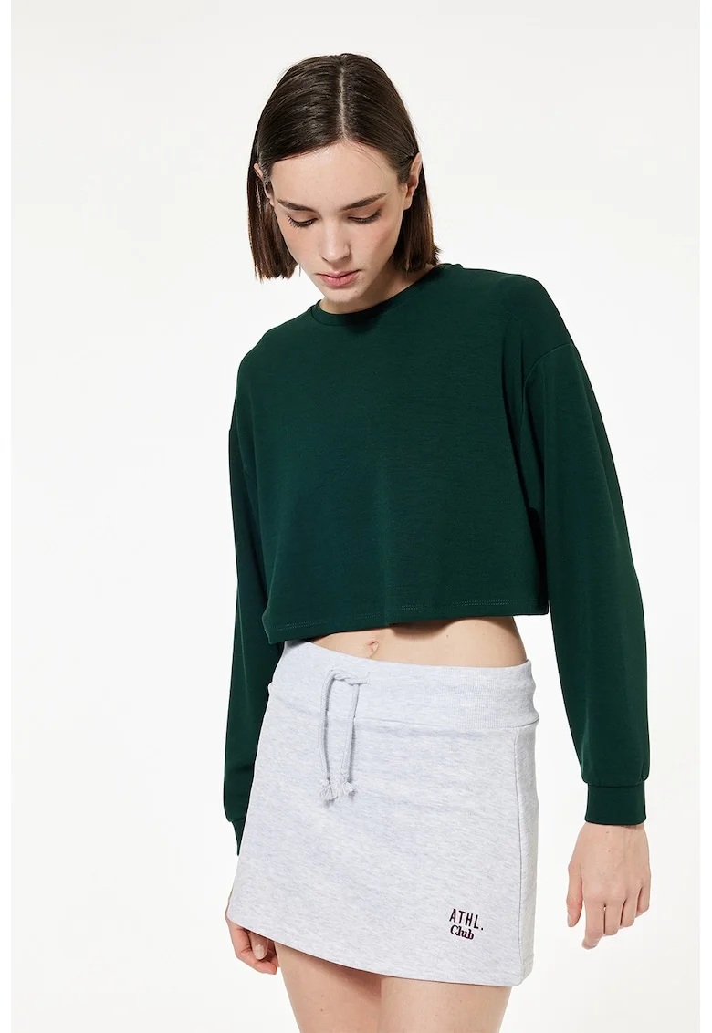 Bluza de trening crop cu model uni, Verde englez