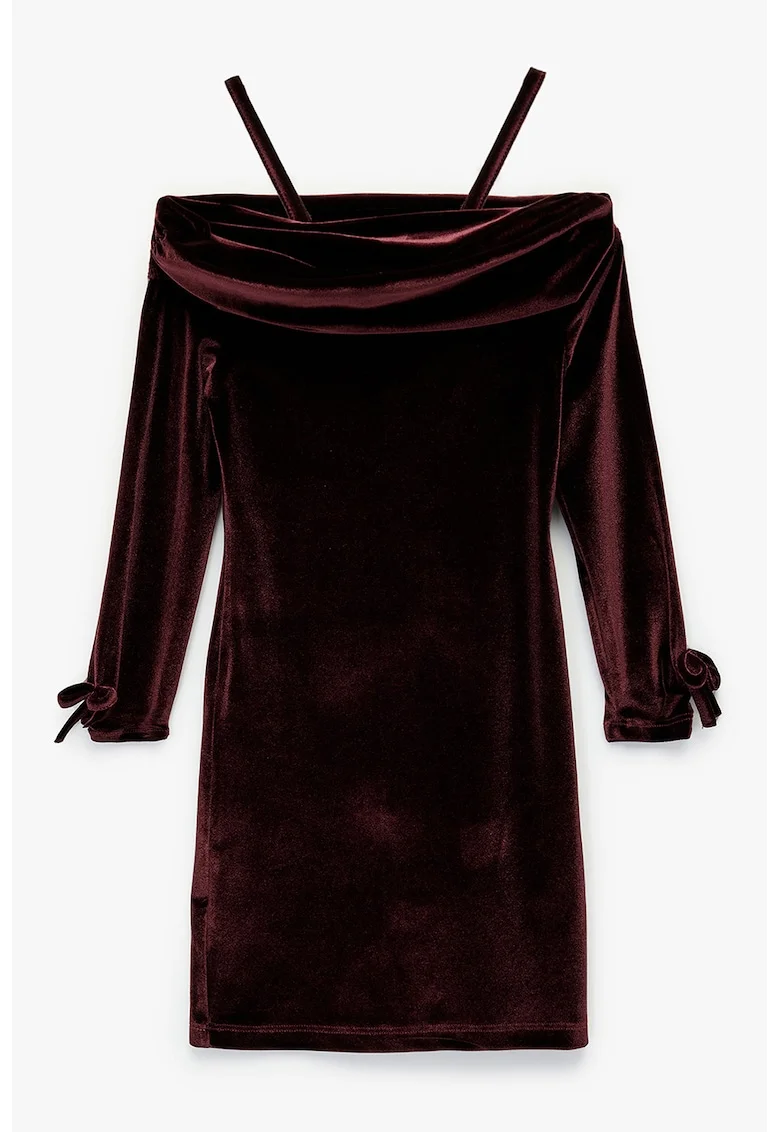 Rochie scurta cu aspect catifelat si decupaje pe umeri, Visiniu inchis