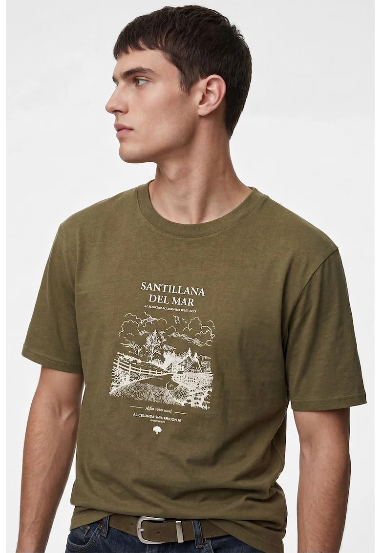 Tricou din bumbac cu imprimeu, Alb/Verde masliniu