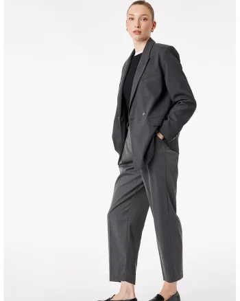 Pantaloni crop cu talie inalta si curea, Gri inchis melange
