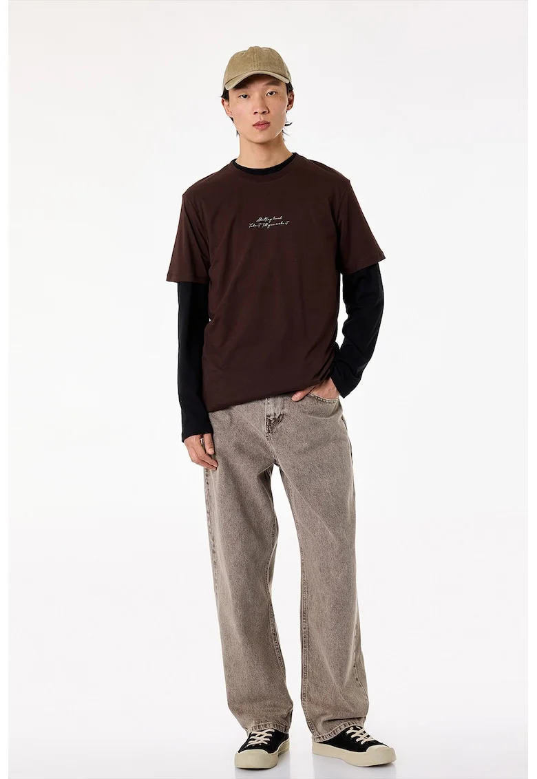 Tricou din bumbac cu imprimeu text, Maro inchis