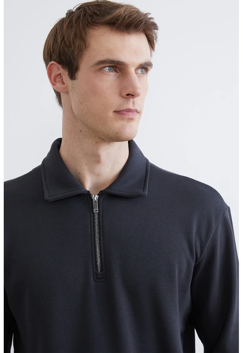 Bluza de trening polo cu fenta scurta cu fermoar, Alb/Gri inchis