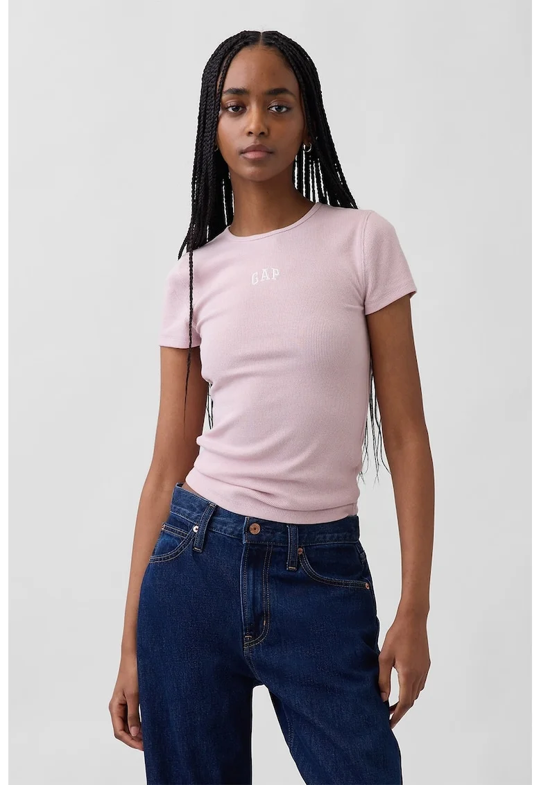 Tricou slim fit din amestec de modal cu logo brodat, Roz prafuit