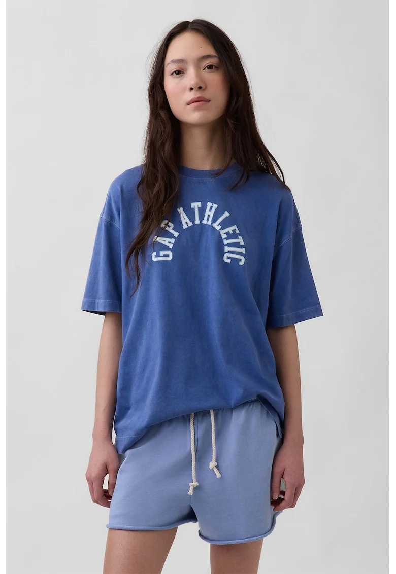 Tricou supradimensionata din bumbac organic cu imprimeu logo discret, Albastru inchis