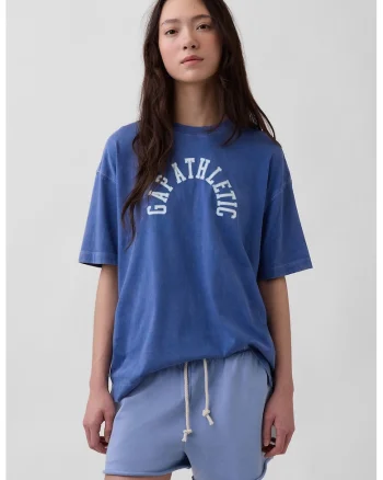 Tricou supradimensionata din bumbac organic cu imprimeu logo discret, Albastru inchis