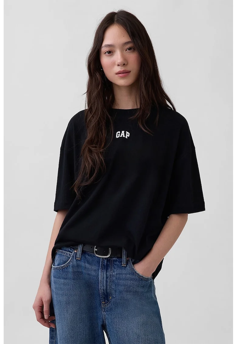Tricou supradimensionata din bumbac organic cu imprimeu logo discret, Negru