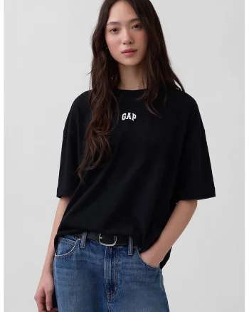 Tricou supradimensionata din bumbac organic cu imprimeu logo discret, Negru