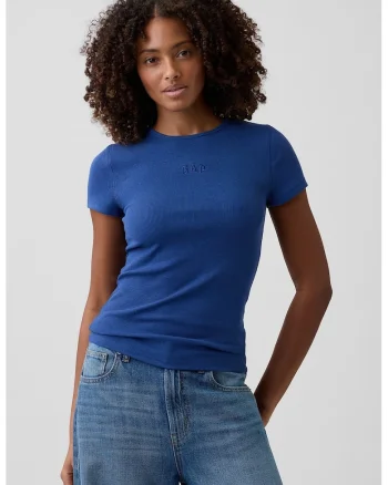 Tricou slim fit din amestec de modal cu logo brodat, Bleumarin