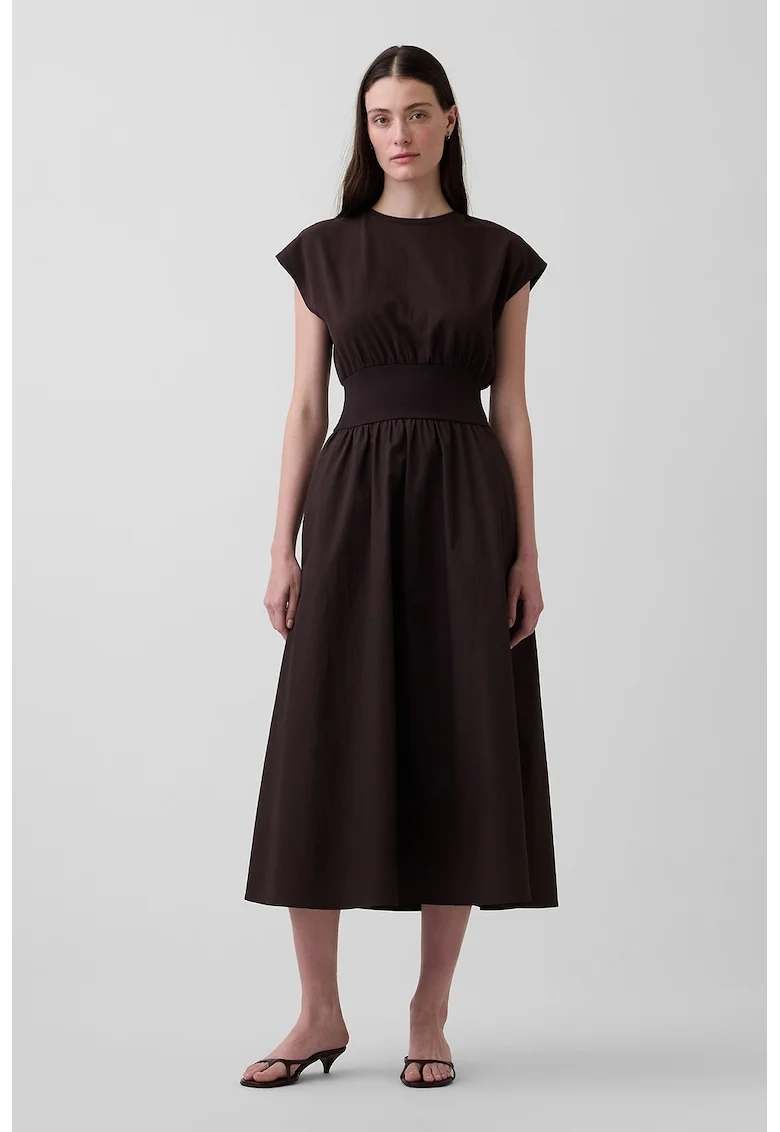 Rochie midi cu talie elastica, Maro inchis