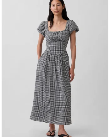 Rochie Empire din amestec de in cu decolteu patrat, Alb/Negru