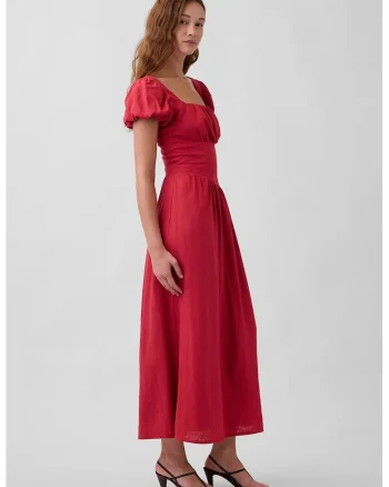 Rochie Empire din amestec de in cu decolteu patrat, Rosu cireasa