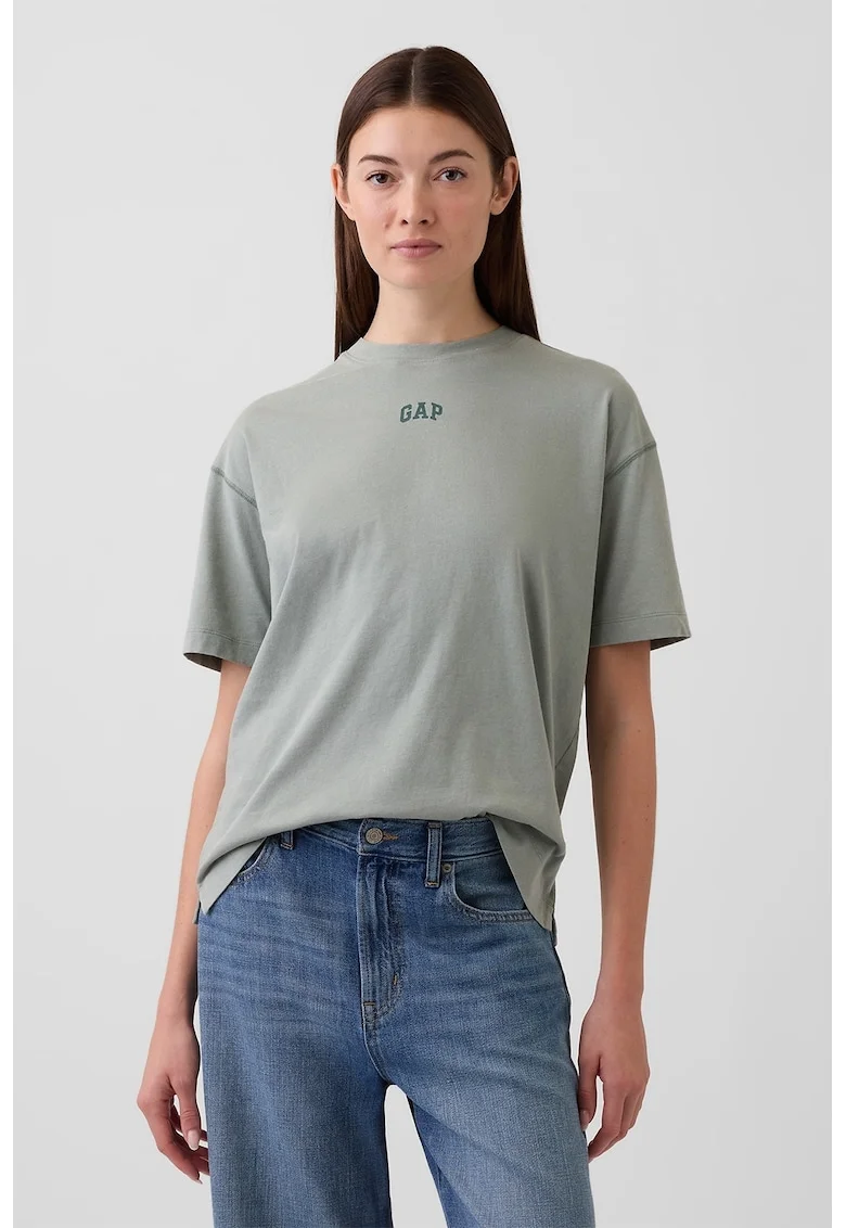 Tricou supradimensionata din bumbac organic cu imprimeu logo discret, Verde feriga