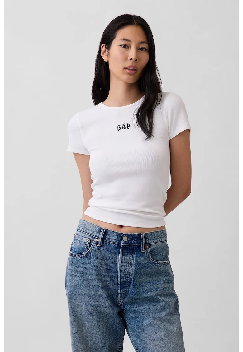 Tricou slim fit din amestec de modal cu logo brodat, Alb