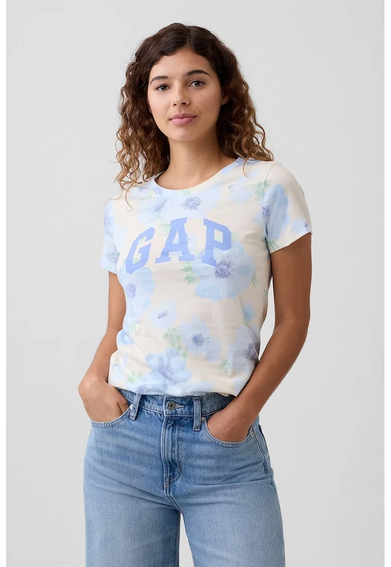 Tricou slim fit cu imprimeu floral, Bej/Albastru
